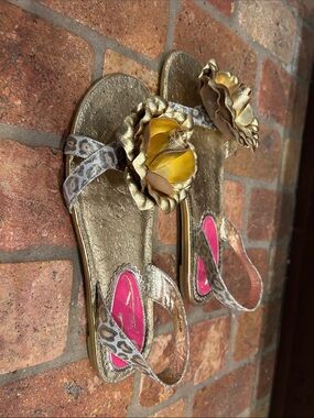 Poetic License Leopard and Gold Floral Thong Sandals with Pink Insole